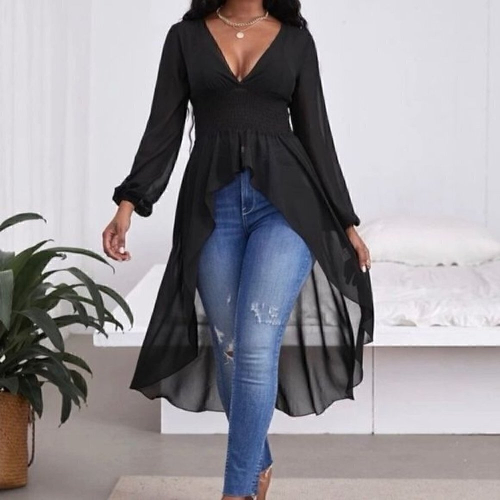 Sexy Plunging Neck Lantern Sleeve High Low Hem Top